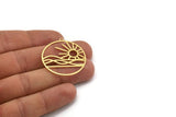 Brass Round Charm, 4 Raw Brass Rising Sun And Wavy Patterned Round Shaped Charms With 1 Loop, Charm Pendants (35.5x33x0.60mm) A5195