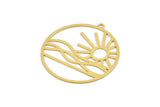 Brass Round Charm, 4 Raw Brass Rising Sun And Wavy Patterned Round Shaped Charms With 1 Loop, Charm Pendants (40x37x0.60mm) A5196