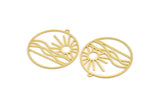 Brass Round Charm, 4 Raw Brass Rising Sun And Wavy Patterned Round Shaped Charms With 1 Loop, Charm Pendants (40x37x0.60mm) A5196