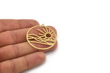 Brass Round Charm, 4 Raw Brass Rising Sun And Wavy Patterned Round Shaped Charms With 1 Loop, Charm Pendants (40x37x0.60mm) A5196
