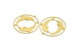 Brass Dolphin Charm, 6 Raw Brass Dolphin Patterned Round Shaped Charms With 1 Loop, Earring Charm Findings (41x39x0.80mm) A5212