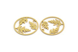 Brass Leaf Charm, 8 Raw Brass Leaf Patterned Round Shaped Charms With 1 Loop, Earring Charm Findings (28x1mm) A5241