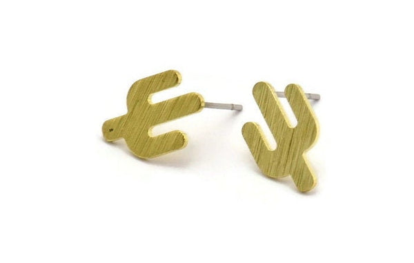 Brass Cactus Earring, 8 Textured Raw Brass Cactus, Tiny Cactus Stud Earring (14x9x0.80mm) M02998 A5453
