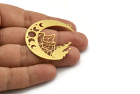 Pirinç Hilal Charm, 2 Ham Pirinç Dağ ve Hilal Desenli Charm, 1 Döngü, Buluntular (47x41x0,60 mm) A5313
