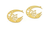Pirinç Hilal Charm, 2 Ham Pirinç Dağ ve Hilal Desenli Charm, 1 Döngü, Buluntular (47x41x0,60 mm) A5313
