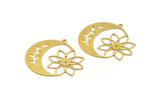 Brass Moon Charm, 4 Raw Brass Flower Pattern Crescent Moon Charms With 1 Loop, Findings (40x35x0.60mm) A5312