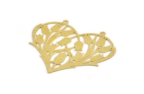 Pirinç Kalp Charm, 4 Ham Pirinç Kalp Şeklinde ve Lale Desenli Charm, 2 Döngü, Bağlantı Elemanları, Bulgular, Kolye Uçları (43x49x0,40 mm) A5367