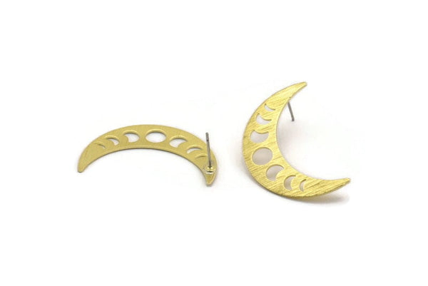 Brass Moon Earring, 4 Textured Raw Brass Crescent Moon Phases Stud Earrings (36x9x0.80mm) M01454 A5573