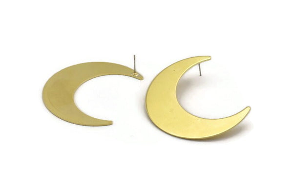 Brass Moon Earring, 2 Raw Brass Crescent Moon Stud Earring (50x15x0.90mm) M835 A5561