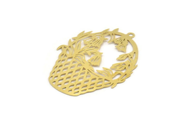 Brass Basket Charm, 4 Raw Brass Basket Shaped And Leaf Pattern Charms With 1 Loop, Charm Pendants (56x41x0.40mm) A5368