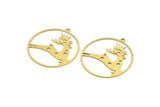 Brass Round Charm, 8 Raw Brass Deer Patterned Round Shaped Charms With 1 Loop, Earring Findings, Geometric Charms (35x32x0.60mm) A5430