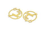 Brass Round Charm, 8 Raw Brass Deer Patterned Round Shaped Charms With 1 Loop, Earring Findings, Geometric Charms (32x30x0.60mm) A5391