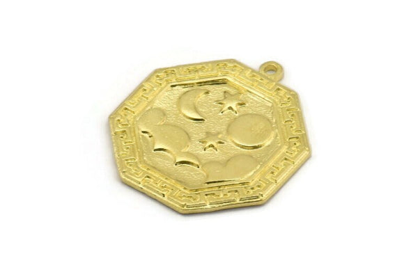 Brass Octagon Charm, Raw Brass Octagon Charm With 1 Loop, Cloud Findings, Moon And Star Findings (28x25x1.5mm) N2189