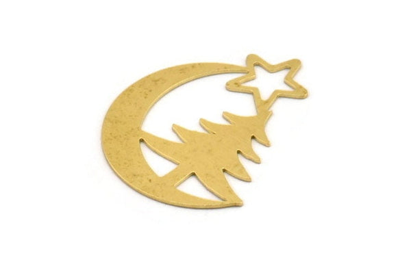 Brass Moon Charm, 6 Raw Brass Crescent Moon And Tree Shaped Charms (36x30x0.60mm) A5420