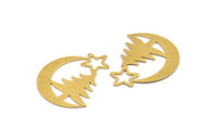 Brass Moon Charm, 6 Raw Brass Crescent Moon And Tree Shaped Charms (36x30x0.60mm) A5420