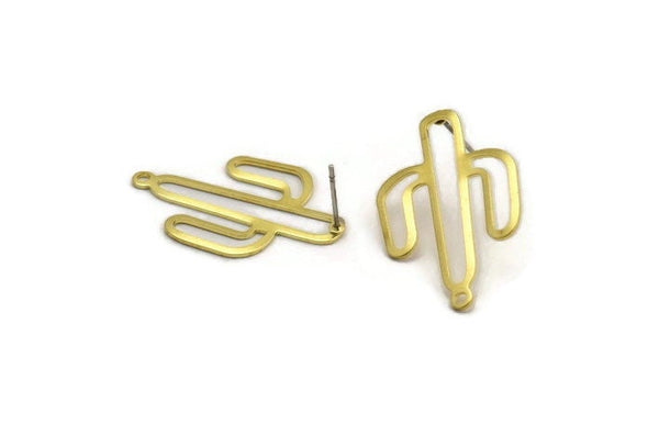 Brass Cactus Earring, 8 Raw Brass Cactus Stud Earrings With 1 Loop (31x20x0.70mm) M03390 A5386