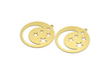 Brass Round Charm, 4 Raw Brass Crescent Moon And Star Patterned Round Shape Charms With 1 Loop, Charm Pendants (32.5x30x0.60mm) A5724