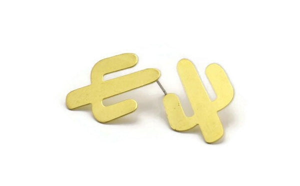 Brass Cactus Earring, 6 Raw Brass Cactus Stud Earrings (28x20x0.60mm) M03383 A5461