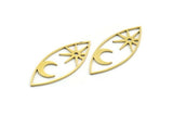 Brass Marquise Charm, 6 Raw Brass Pole Star And Crescent Moon Pattarned Marquise Shaped Charms With 1 Hole (39x15x0.80mm) A5704