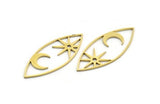 Brass Marquise Charm, 6 Raw Brass Pole Star And Crescent Moon Pattarned Marquise Shaped Charms With 1 Hole (39x15x0.80mm) A5704