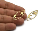 Brass Marquise Charm, 6 Raw Brass Pole Star And Crescent Moon Pattarned Marquise Shaped Charms With 1 Hole (39x15x0.80mm) A5704