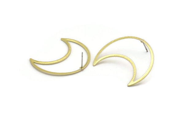 Brass Moon Earring, 2 Textured Raw Brass Crescent Moon Stud Earrings (35x15x0.80mm) M03121 A5729