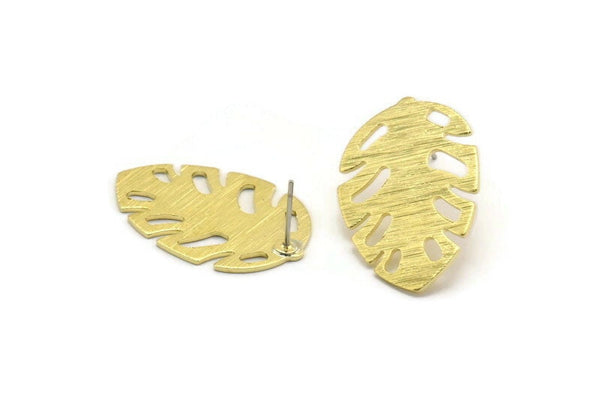Brass Leaf Earring, 4 Textured Raw Brass Leaf Stud Earrings (30x20x0.80mm) M01759 A5768