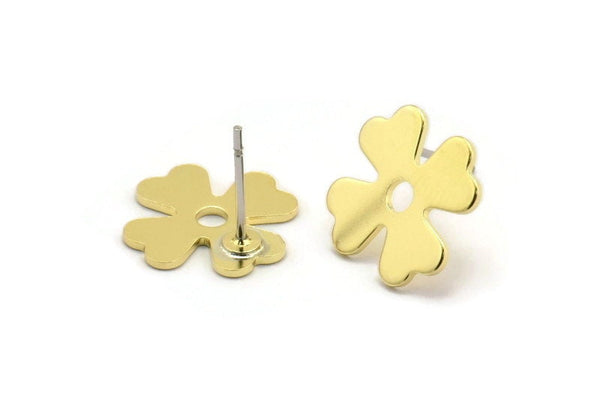 Brass Leaf Earring, 8 Raw Brass Clover Shaped Stud Earrings (14x0.80mm) A0925 A5779