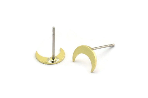 Brass Moon Earring, 12 Raw Brass Crescent Moon Shaped Stud Earrings (8x3x0.60mm) A4766 A5823
