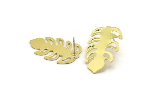 Brass Leaf Earring, 4 Raw Brass Leaf Stud Earrings (30x20x0.80mm) M01748 A5775