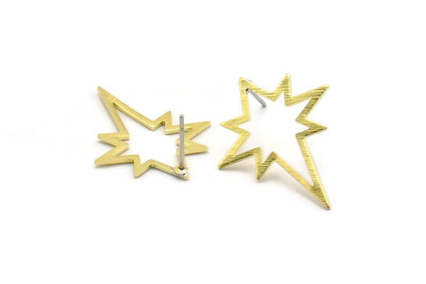 Brass North Star Earring, 4 Textured Raw Brass Pole Star Shaped Stud Earrings (27x22x0.80mm) M02548