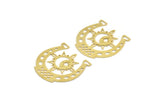 Brass Horseshoe Charm, 4 Raw Brass Pole Star And Crescent Moon Pattarned Horseshoe Shaped Charms (37x37x0.60mm) A5975