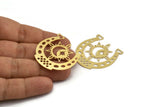 Brass Horseshoe Charm, 4 Raw Brass Pole Star And Crescent Moon Pattarned Horseshoe Shaped Charms (37x37x0.60mm) A5975