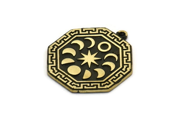 Brass Octagon Charm, Raw Brass Octagon Charm With 1 Loop, Moon Phases Findings, Star Findings (28x25x1.5mm) N2247