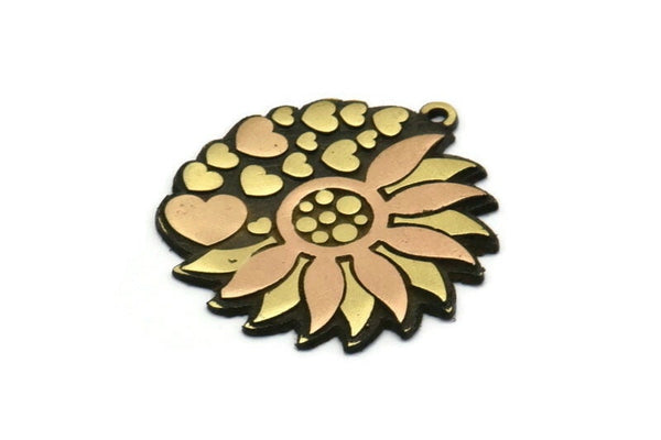 Brass Flower Charm, Raw Brass And Raw Copper Flower And Hearts Charms With 1 Loop, Copper Charms, Copper Findings (29.5x27x1.5mm) N2259