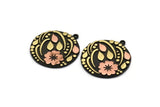 Brass Round Charm, Raw Brass And Raw Copper Flower Charm With 1 Loop, Leaf Charms, Black Painted Brass, Findings (30x27x1.5mm) N2242