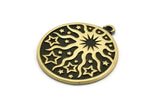 Brass Round Charm, Raw Brass Sun And Star Charm With 1 Loop, Black Painted Brass, Findings (29x25.5x1.5mm) N2271