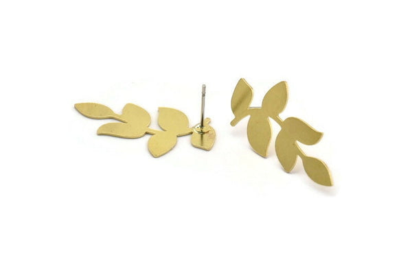 Brass Leaf Earring, 6 Raw Brass Branch Shaped Stud Earrings, Findings (30.5x16x0.60mm) A6072