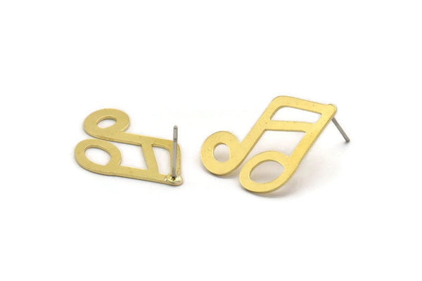 Brass Note Earring, 8 Raw Brass Sixteenth Note Shaped Stud Earrings (24x15x0.60mm) A6071