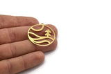Brass Round Charm, 6 Raw Brass Landscape Patterned Round Shaped Charms With 1 Loop, Charm Pendants (34x32x0.80mm) A6132
