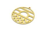 Brass Round Charm, 6 Raw Brass Rising Sun And Wavy Patterned Round Shaped Charms With 1 Loop, Charm Pendants (34x32x0.80mm) A6131