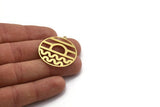 Brass Round Charm, 6 Raw Brass Rising Sun And Wavy Patterned Round Shaped Charms With 1 Loop, Charm Pendants (34x32x0.80mm) A6131