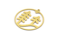 Brass Round Charm, 6 Raw Brass Landscape Patterned Round Shaped Charms With 1 Loop, Charm Pendants (34x32x0.80mm) A6134