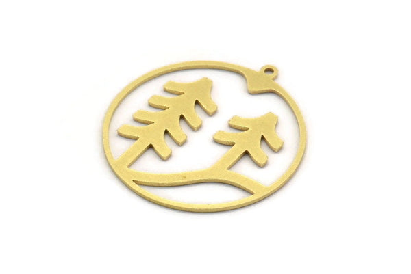 Brass Round Charm, 6 Raw Brass Landscape Patterned Round Shaped Charms With 1 Loop, Charm Pendants (34x32x0.80mm) A6134