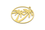 Brass Round Charm, 6 Raw Brass Palm Tree Patterned Round Shaped Charms With 1 Loop, Charm Pendants (35.5x32.5x0.80mm) A6130