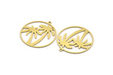 Brass Round Charm, 6 Raw Brass Palm Tree Patterned Round Shaped Charms With 1 Loop, Charm Pendants (35.5x32.5x0.80mm) A6130