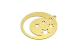 Brass Round Charm, 4 Raw Brass Crescent Moon And Star Patterned Round Shape Charms With 1 Loop, Charm Pendants (32.5x30x0.60mm) A5724
