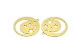 Brass Round Charm, 4 Raw Brass Crescent Moon And Star Patterned Round Shape Charms With 1 Loop, Charm Pendants (32.5x30x0.60mm) A5724
