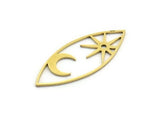 Brass Marquise Charm, 6 Raw Brass Pole Star And Crescent Moon Pattarned Marquise Shaped Charms With 1 Hole (39x15x0.80mm) A5704