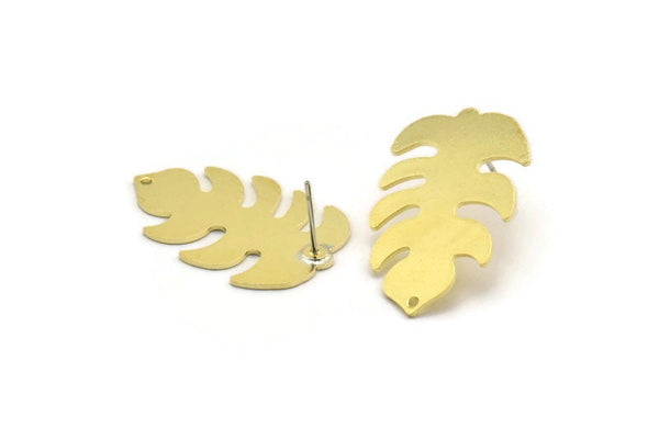 Brass Leaf Earring, 4 Raw Brass Leaf Stud Earrings With 1 Hole (30x20x0.80mm) M01733 F066